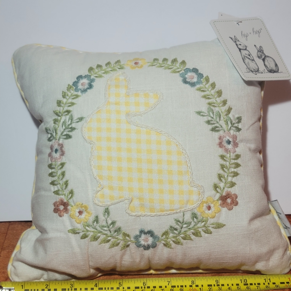 New Embroidered Pillow With Gingham Bunny With Flowers For Easter